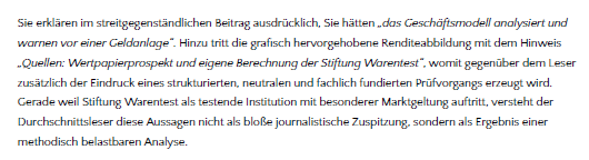 Screenshot eines Aufforderungsschreibens an die Stiftung Warentest, in dem die methodische Inkonsistenz aufgezeigt wird.