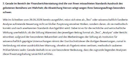 Auszug aus dem anwaltlichen Aufforderungsschreiben mit Hinweis auf den satzungsgemäßen Untersuchungsauftrag der Stiftung Warentest.