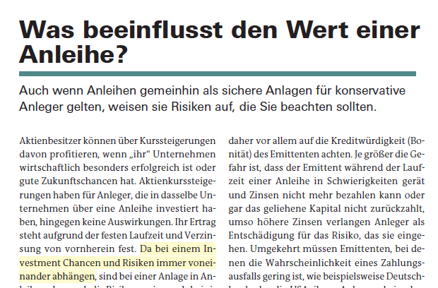 Auszug aus dem Ratgeber der Stiftung Warentest zu Zinsanlagen mit der Aussage, dass Chance und Risiko verzahnt sind.